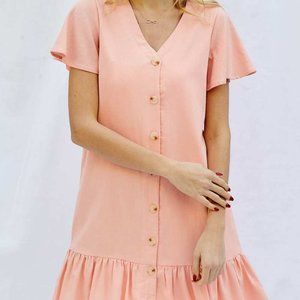 BUTTON DOWN V-NECK DRESS- Light Peach